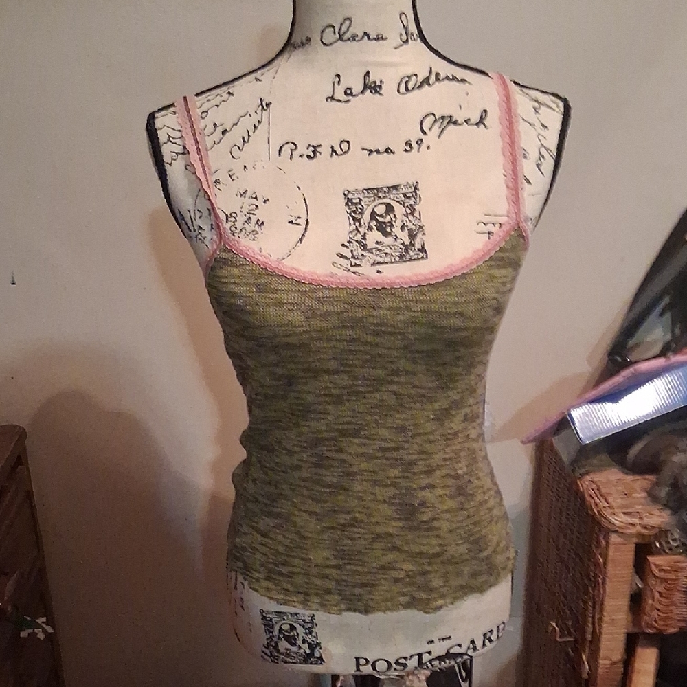 Free People Vintage Green and Pink Raw Hem Women's Cropped Tank Top Small Petite